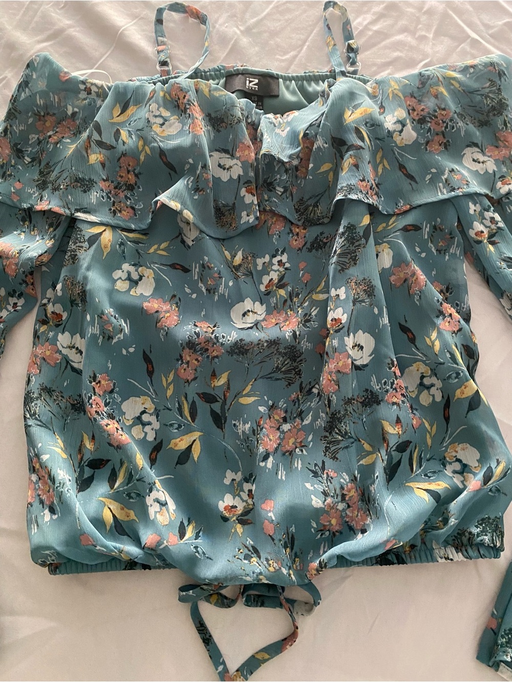Iz Byer Teal Floral Off-Shoulder Ruffle Blouse - Picture 5 of 8
